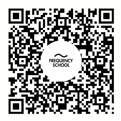 QR code with the Frequency School logo, linking to the official Wise donation page for the Frequency School Impact Initiative